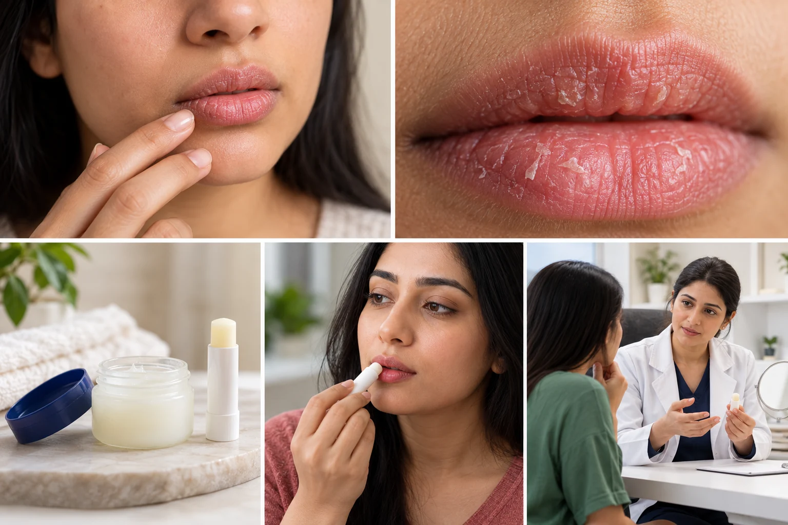 Five-panel illustration of dry lips, petroleum jelly, lip balm application and a dermatology consultation