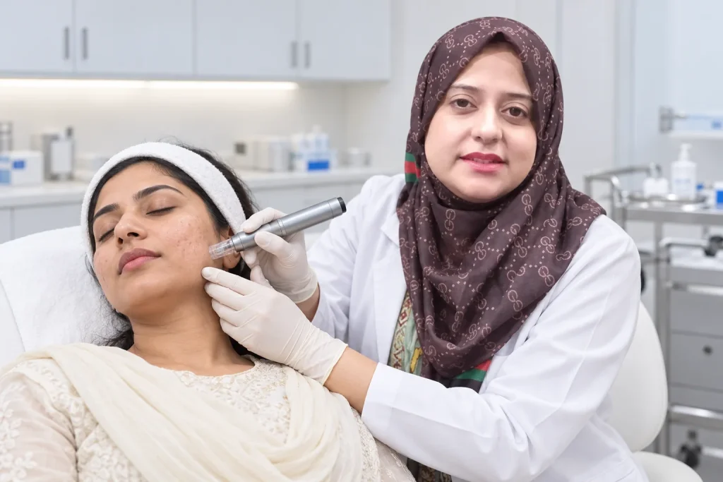Illustration of Dr. Saira Mohsin using a microneedling device near a patient's cheek