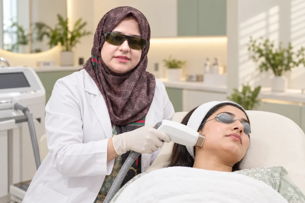 AI illustration based on Dr. Saira Mohsin's photo, showing facial laser hair removal with protective eyewear