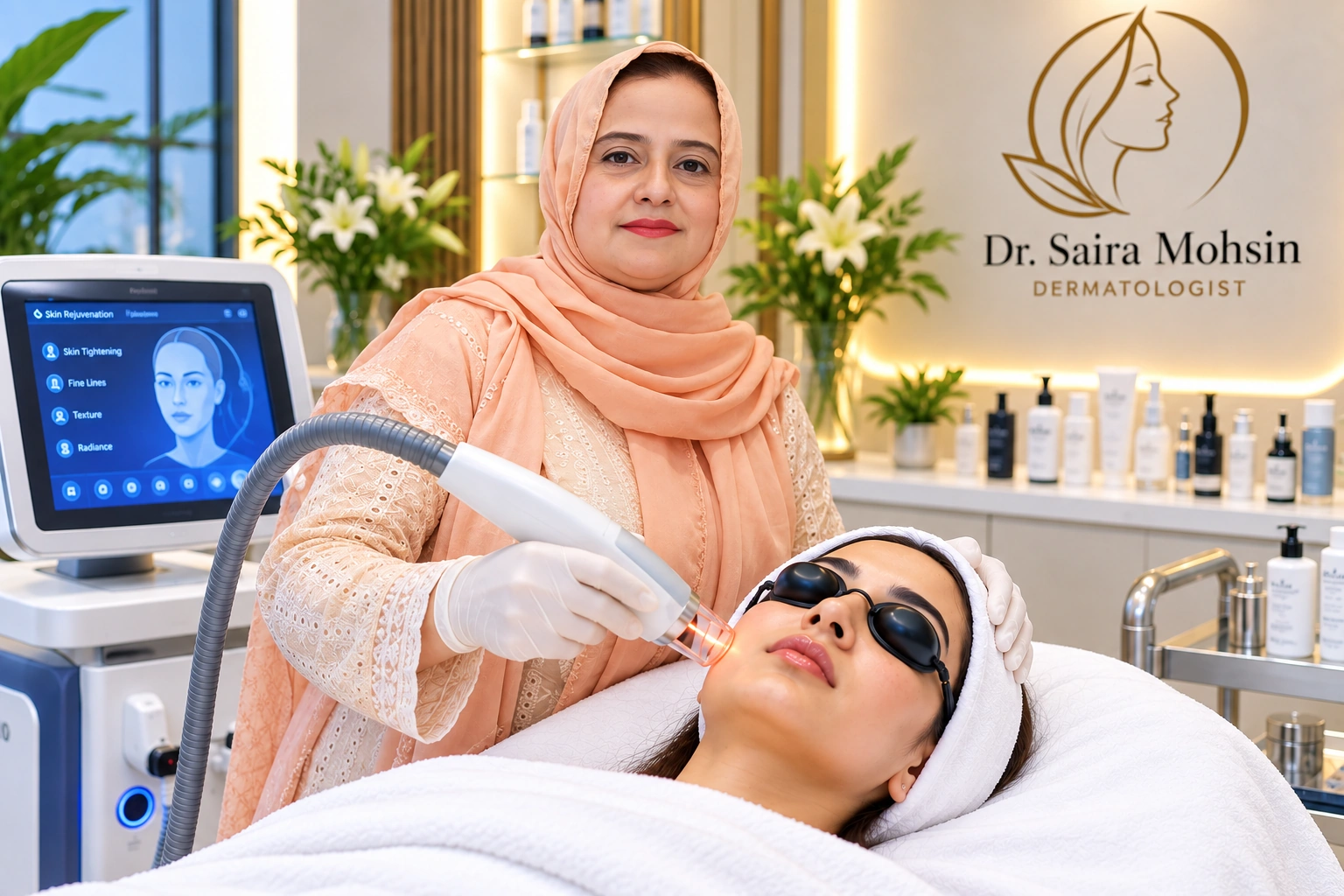 Illustration of Dr Saira Mohsin performing a skin rejuvenation treatment