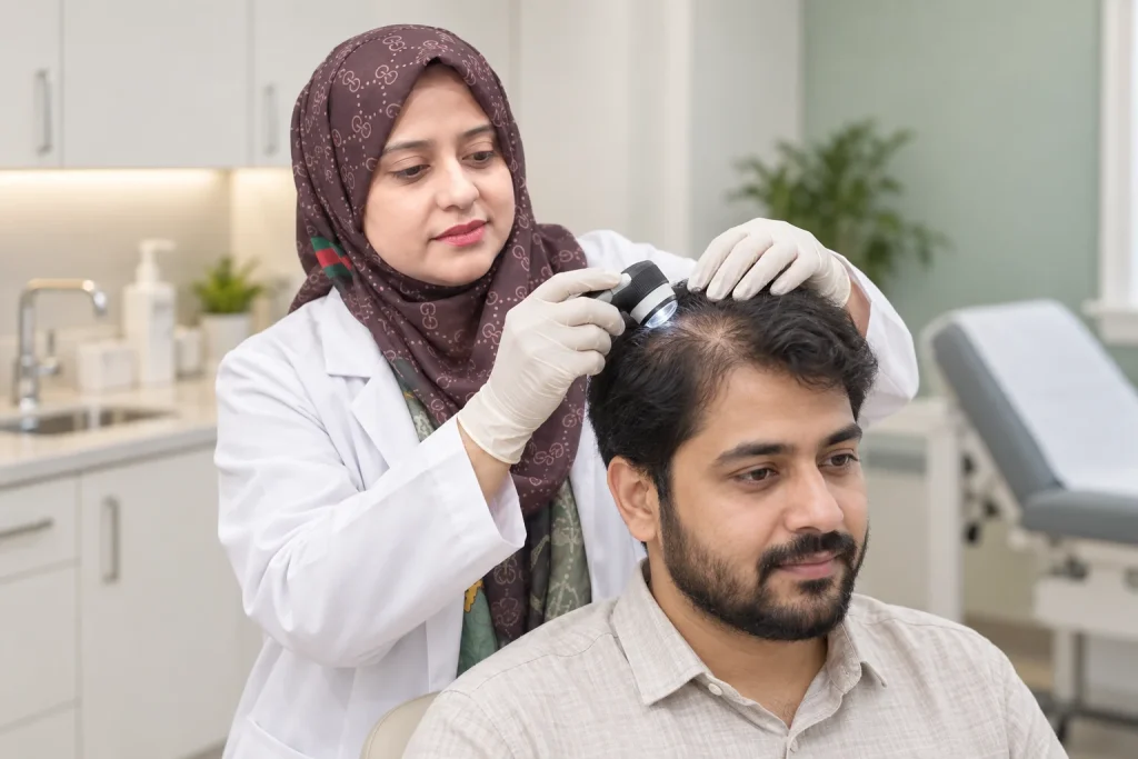 Illustration of Dr. Saira Mohsin examining a man's thinning scalp with a dermatoscope