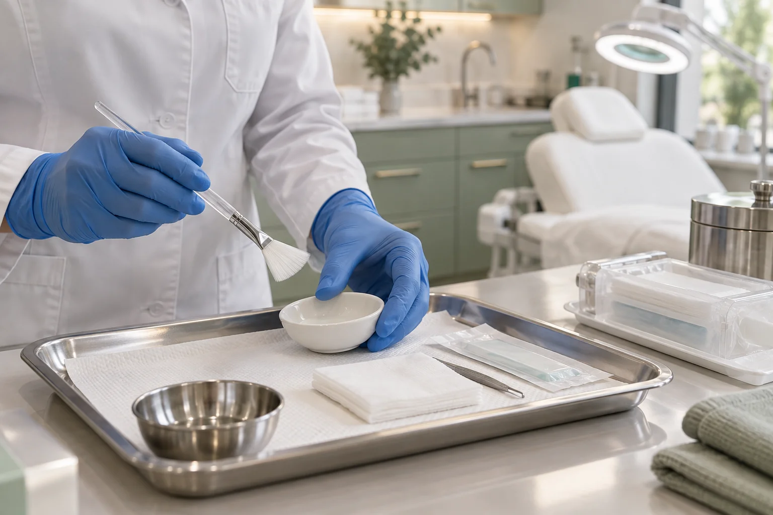 Clinical illustration of gloved hands preparing a professional skin treatment tray