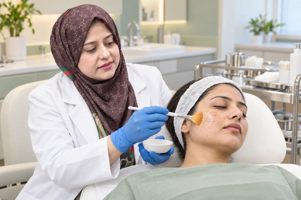 Illustration of Dr. Saira Mohsin applying a professional peel to a patient's cheek