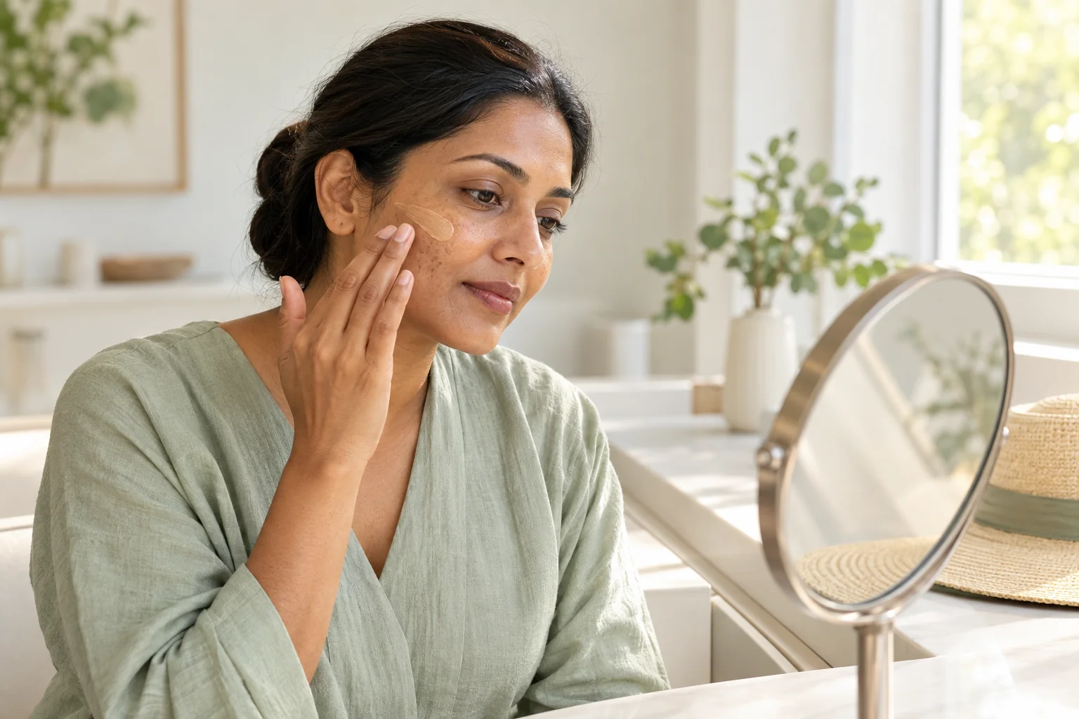 Illustration of a woman practising gentle sun care after a pigmentation consultation