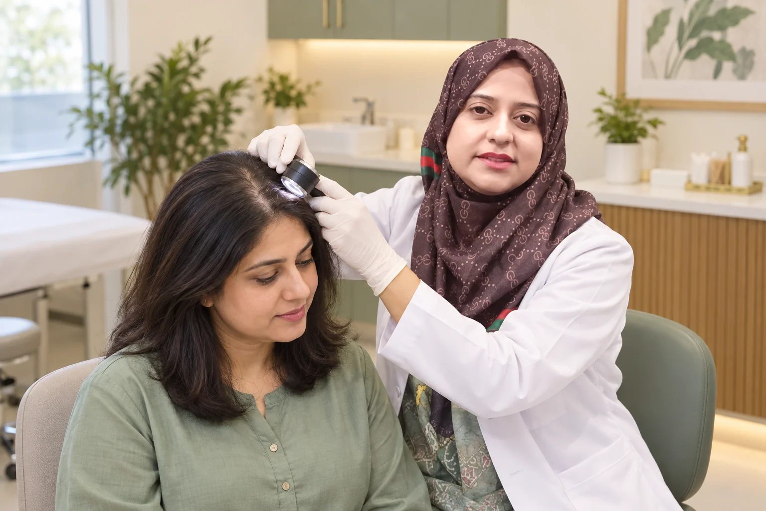 Illustration of Dr. Saira Mohsin assessing a woman's scalp before considering PRP