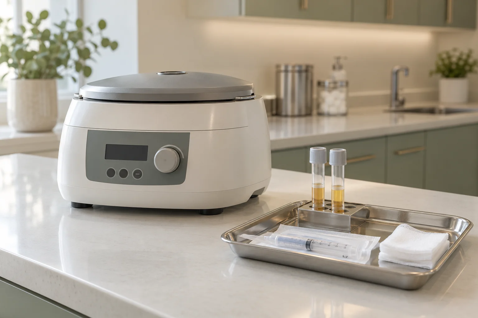 Illustrative centrifuge and capped plasma tubes on a clean clinical preparation counter