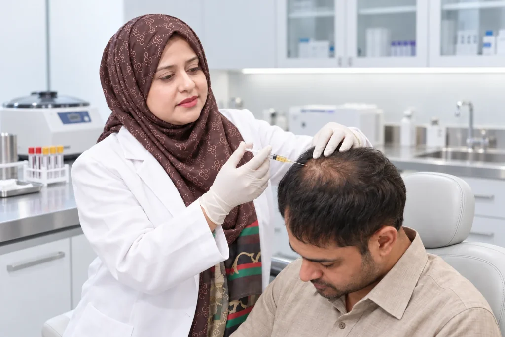 Illustration of Dr. Saira Mohsin performing PRP scalp treatment in a clinical laboratory setting