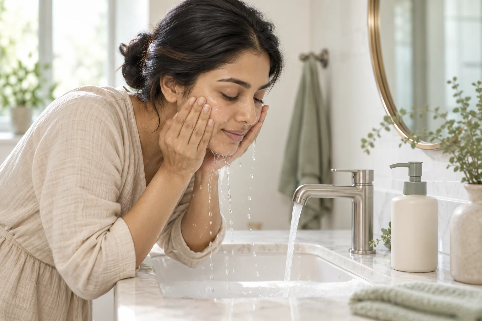 Woman gently rinsing her face at a bathroom basin beside an unbranded cleanser