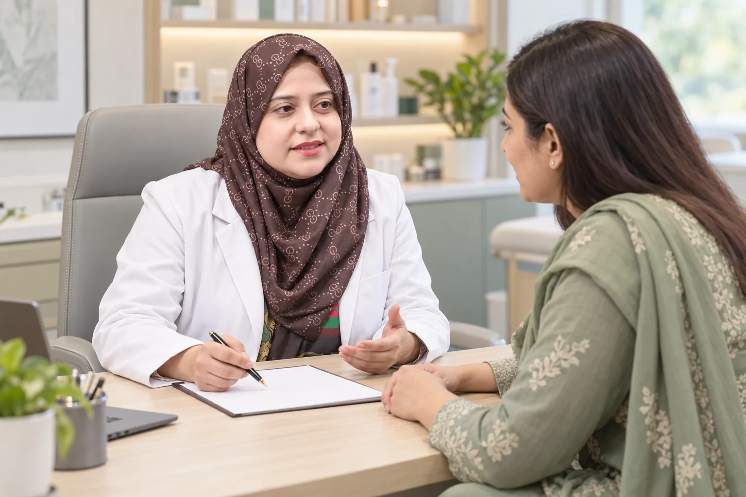 AI illustration of Dr Saira Mohsin discussing a laser hair removal plan with an adult patient