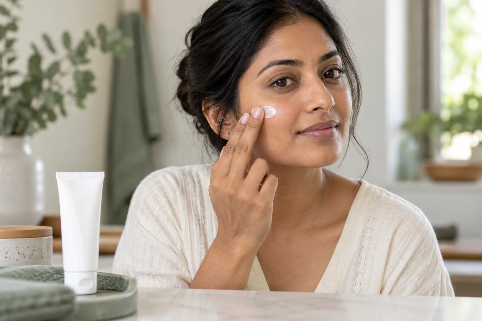 Woman gently applying a small amount of moisturiser to her cheek