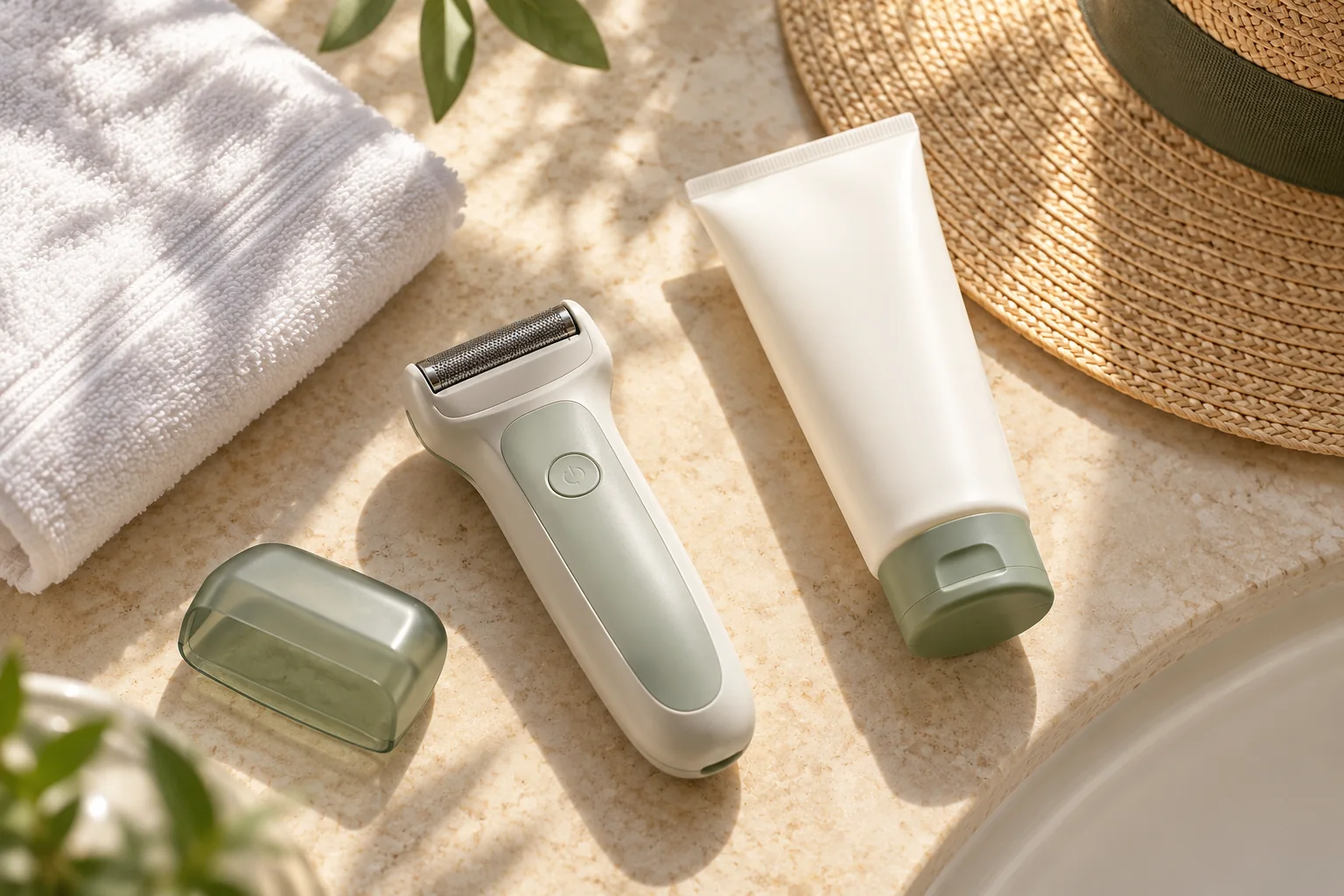 Electric shaver, unbranded sunscreen tube, towel and sun hat arranged on a pale counter