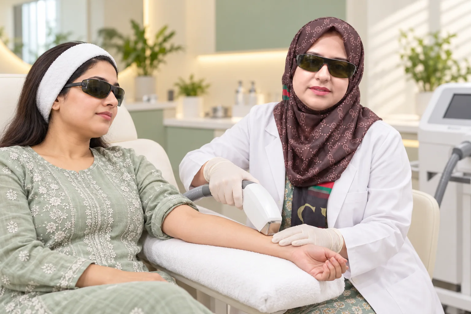 AI illustration of Dr Saira Mohsin treating a patientâs forearm while both wear protective eyewear