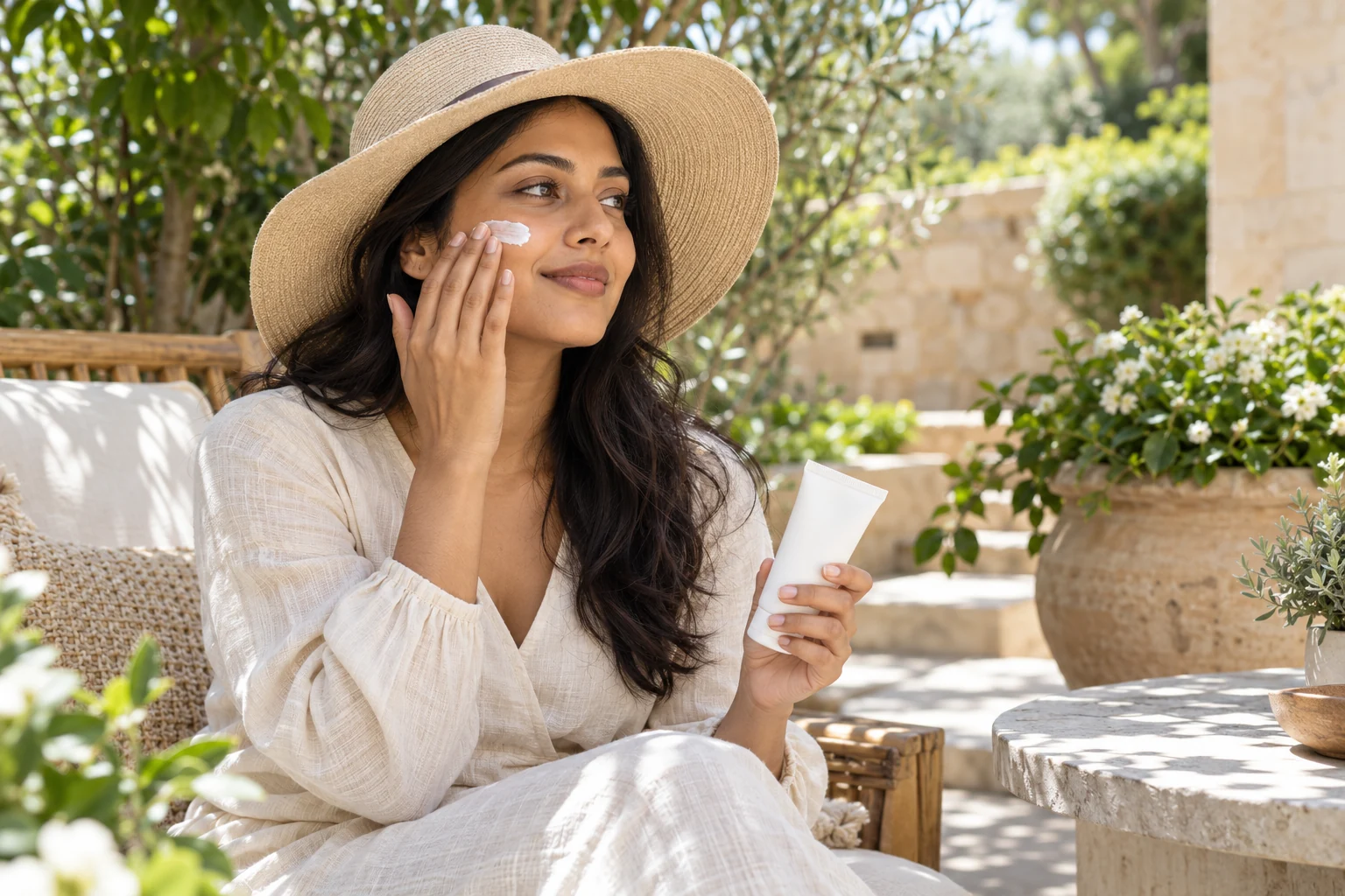 Woman wearing a wide-brimmed hat and applying sunscreen on a shaded terrace