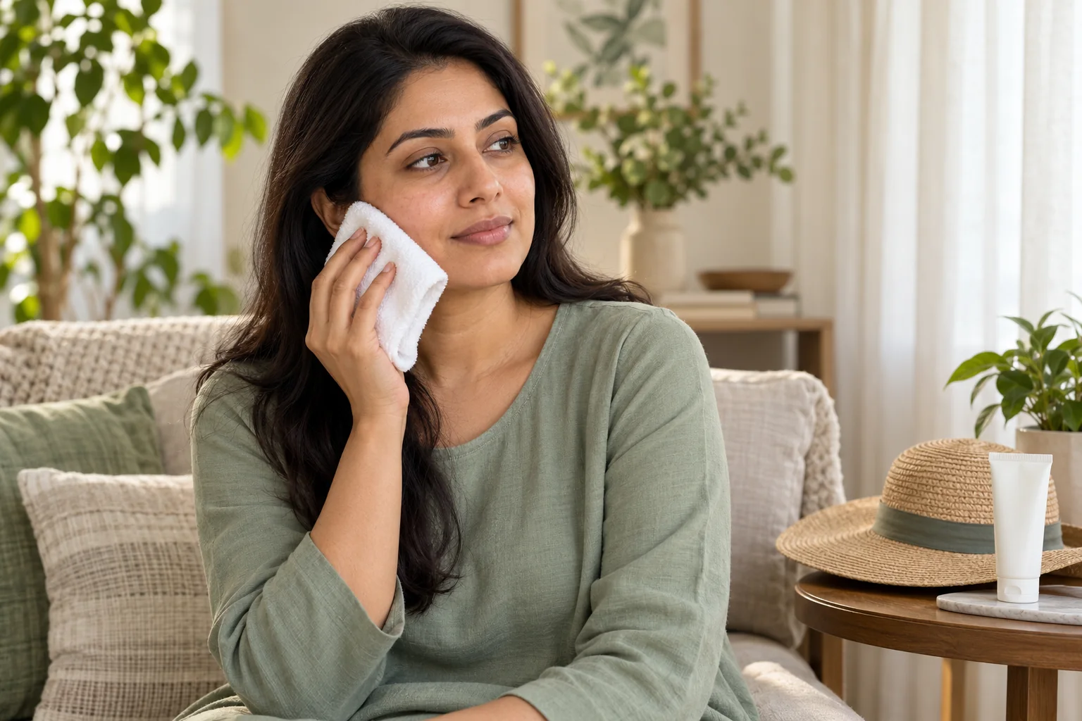 Woman gently holding a folded cool cloth against her cheek in a shaded room