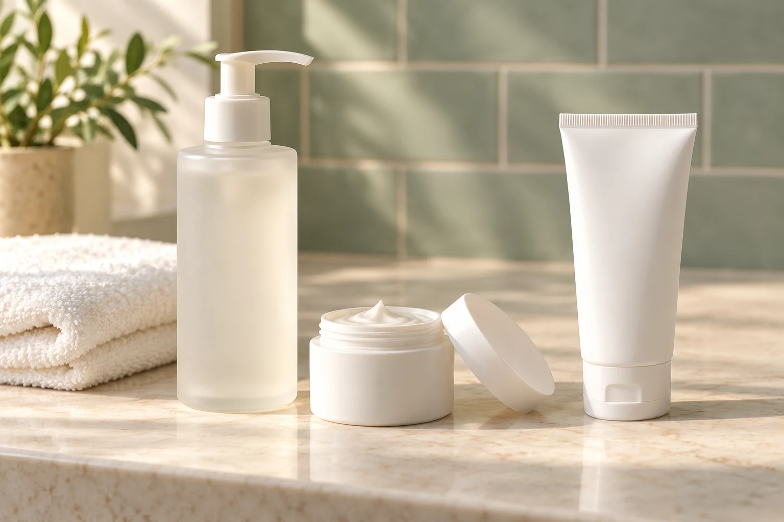 Three unbranded skincare containers representing cleanser, moisturiser and sunscreen